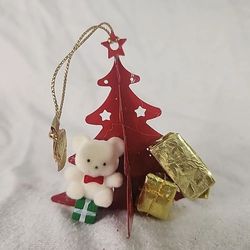 Red Metal Christmas Ornament With Flocked Teddy Bear & Resents Russ Berrie VNTG